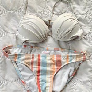 {Xhilaration} White top & striped bikini (32b/sm)